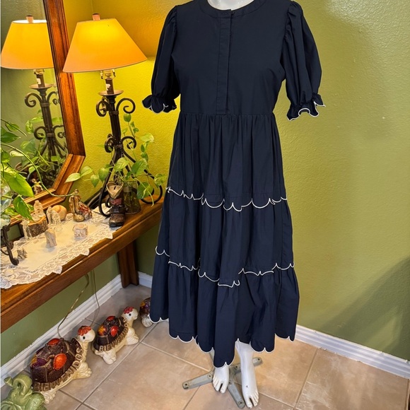 English Factory Navy Tiered Dress with Scalloped Trim - Picture 1 of 10